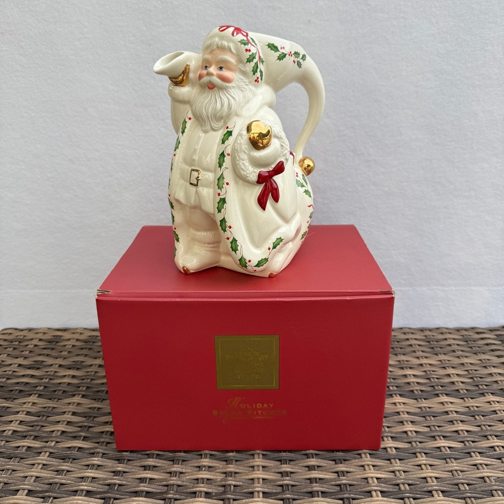 VTG Lenox Holiday Santa Pitcher 1999 Christmas Holly Gold Trim 9" Original Box